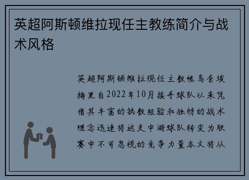 英超阿斯顿维拉现任主教练简介与战术风格