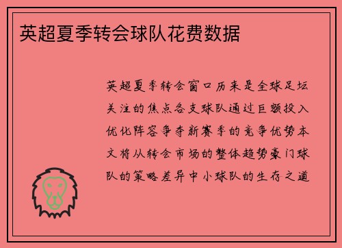 英超夏季转会球队花费数据