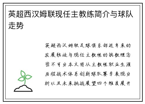英超西汉姆联现任主教练简介与球队走势